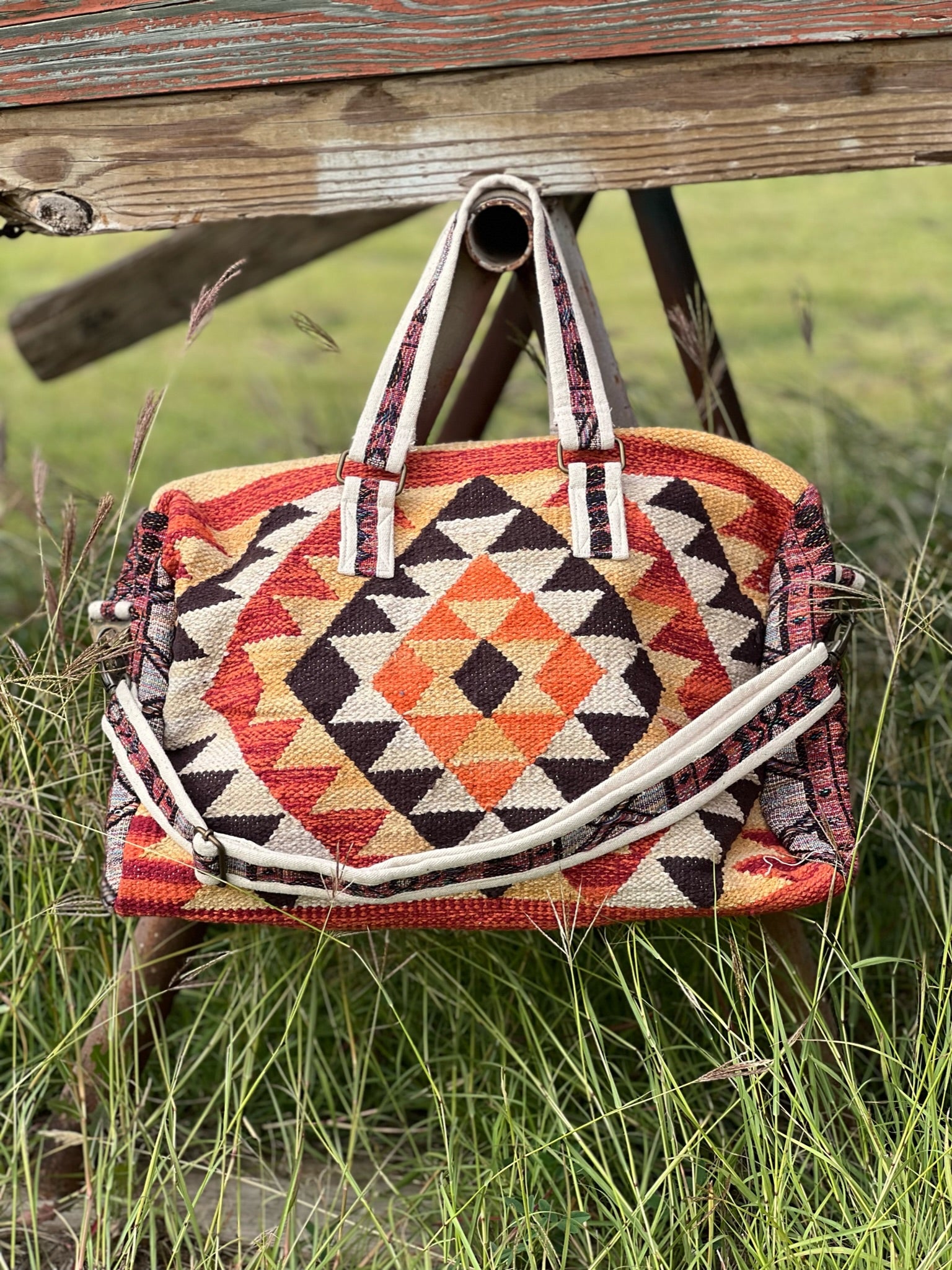 Aztec Boho Woven Duffle Weekender Bag - Tan / Black