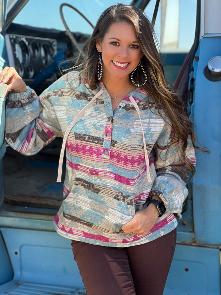 Loretta Tan with Pink Aztec Pullover