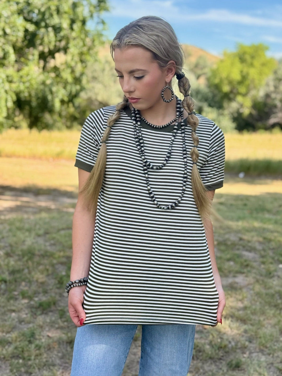 Tessa Olive & White Striped Top