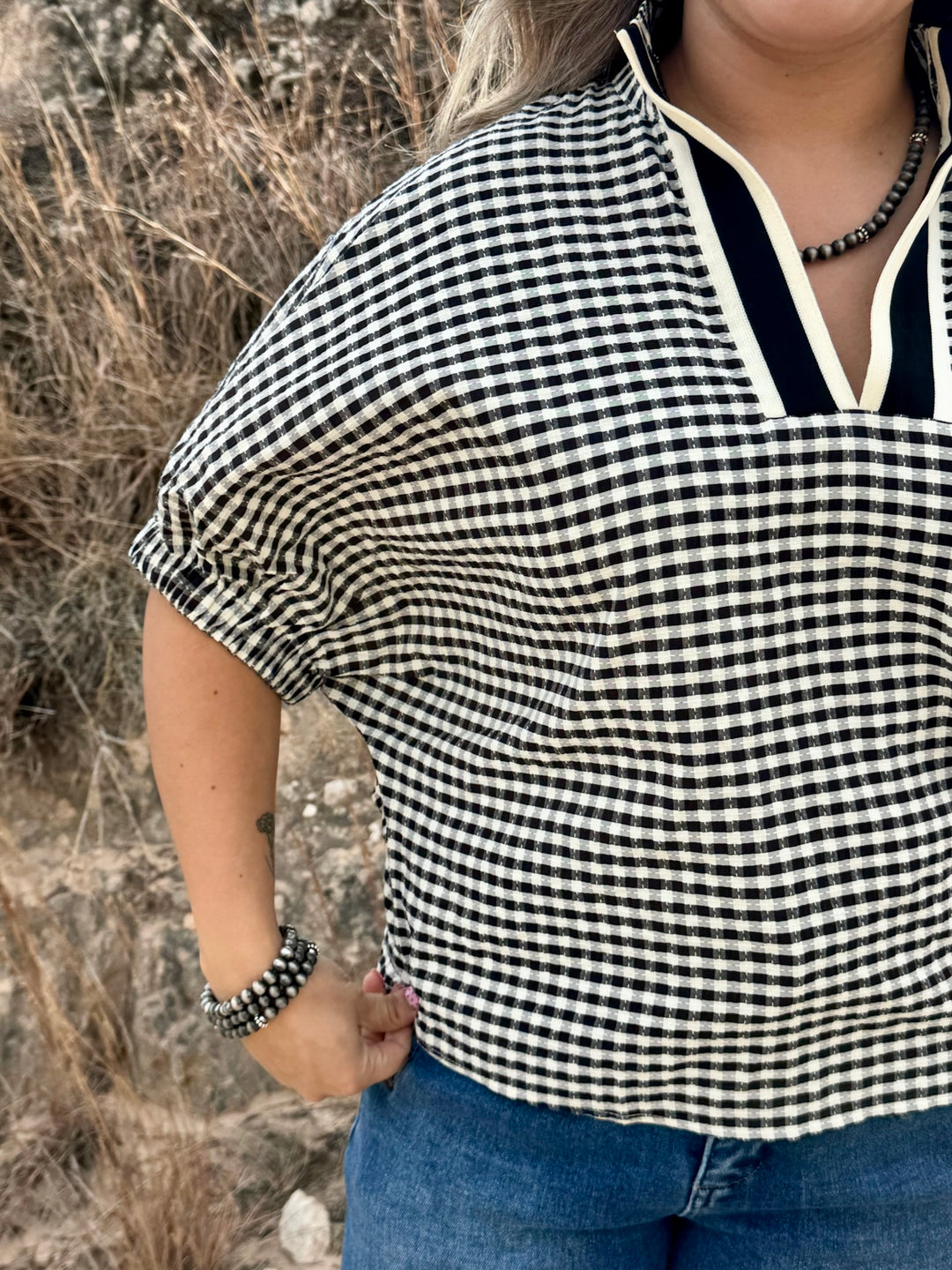 Maya Black & Cream Gingham Blouse