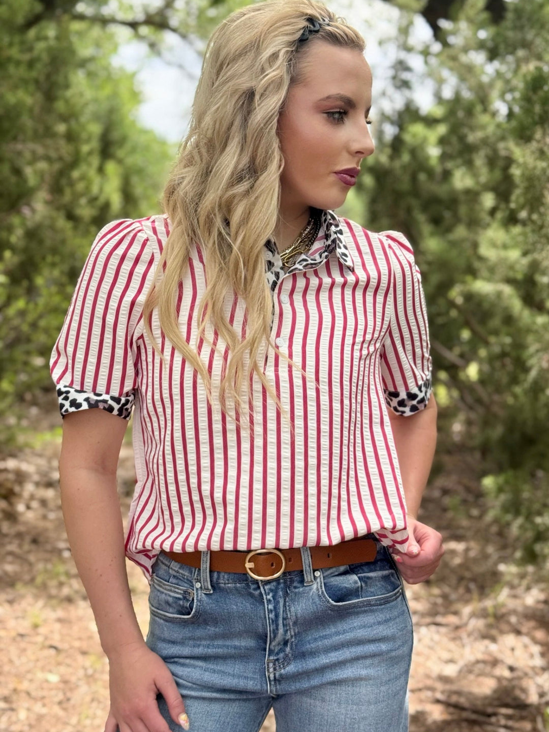 Racing Red Striped Leopard Top