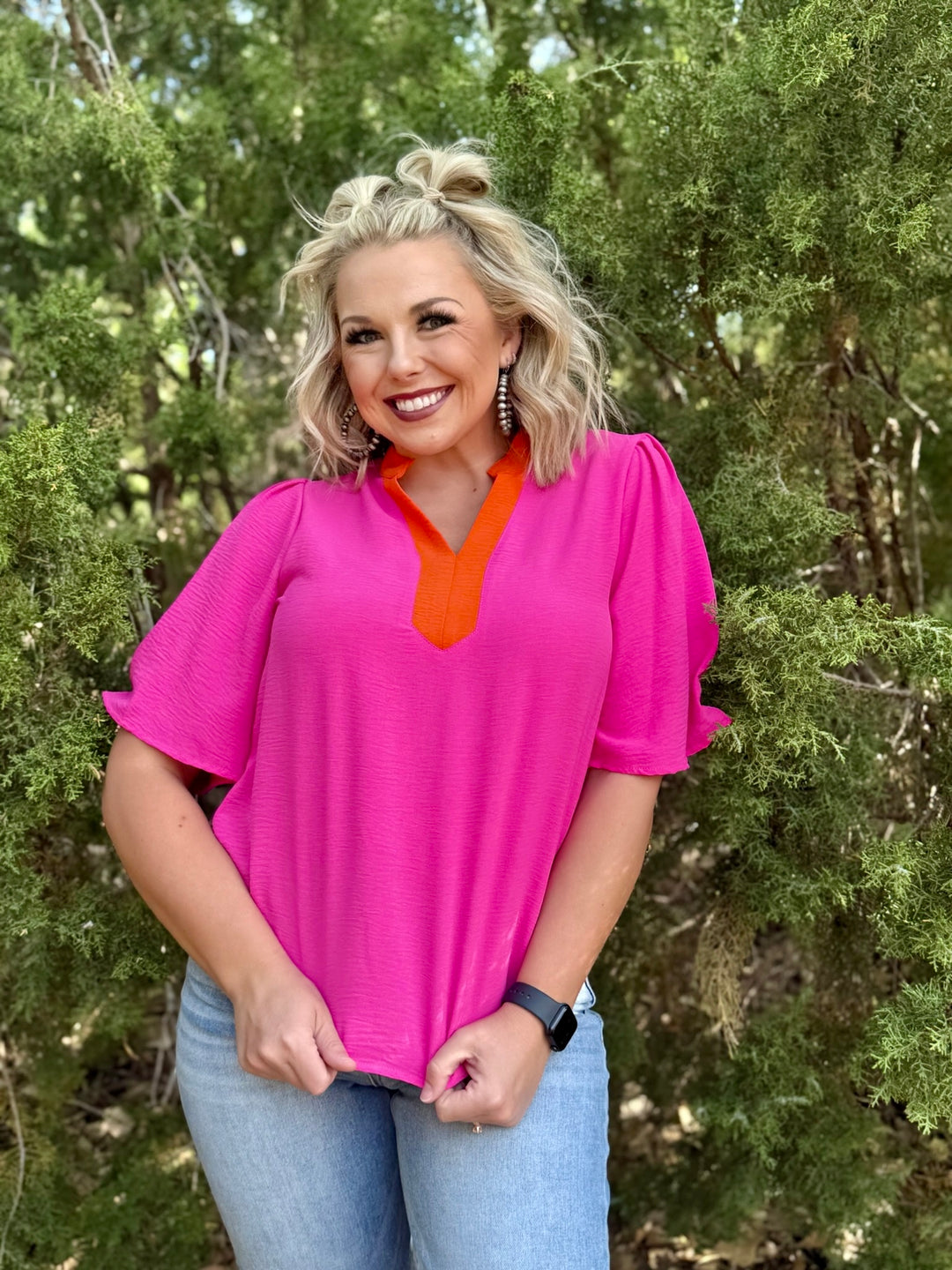 Misty Pink & Orange V-Neck Top