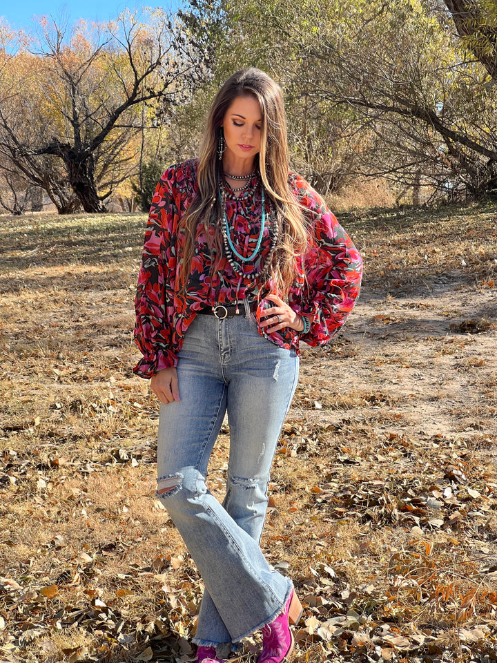 Jentry Teal & Red Floral Blouse