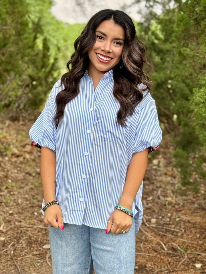Blueberry Blue & White Stripe Top