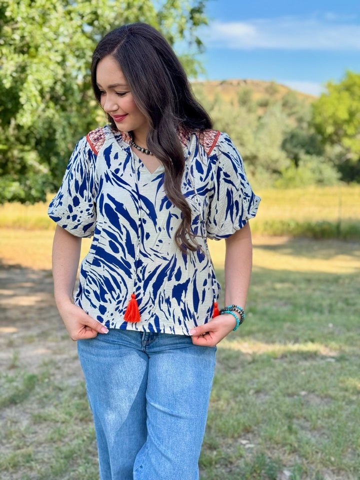 Adele Blue & Cream V-Neck Blouse