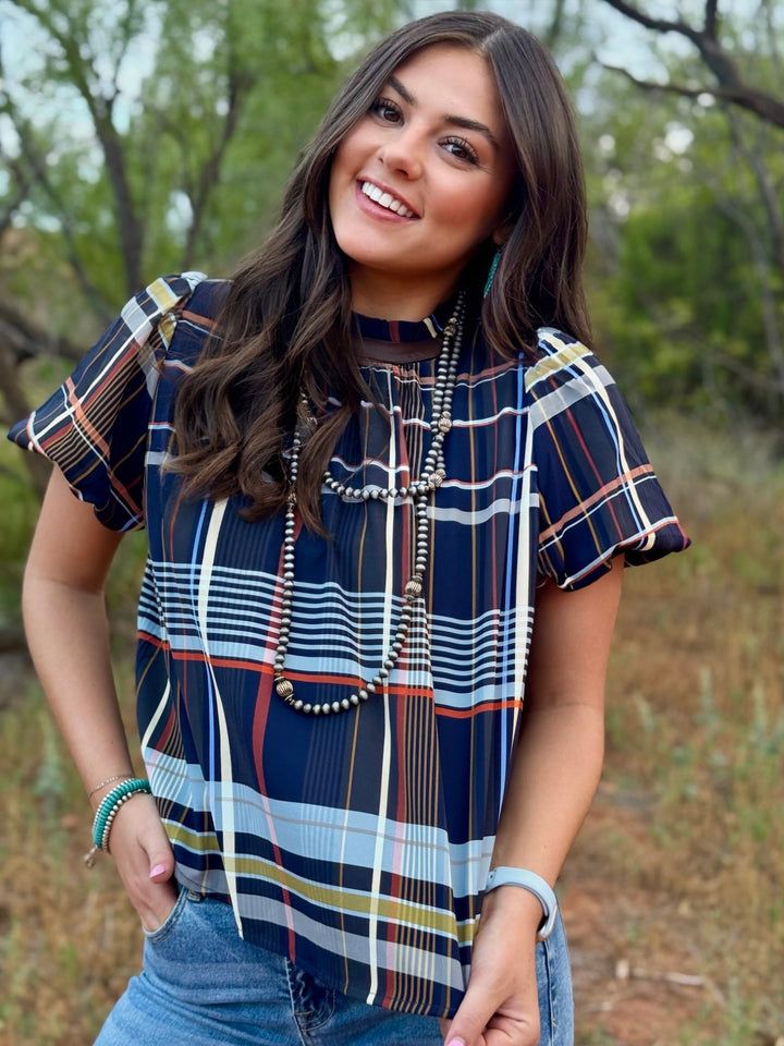 Navy Plaid Perfection Top by THML