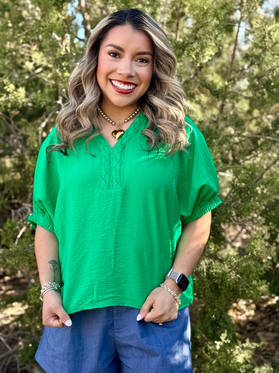 Simone Green V-Neck Top