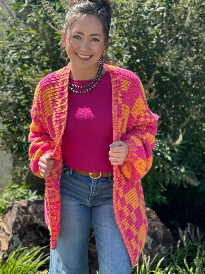 Tammy Fuchsia & Orange Checkered Cardigan
