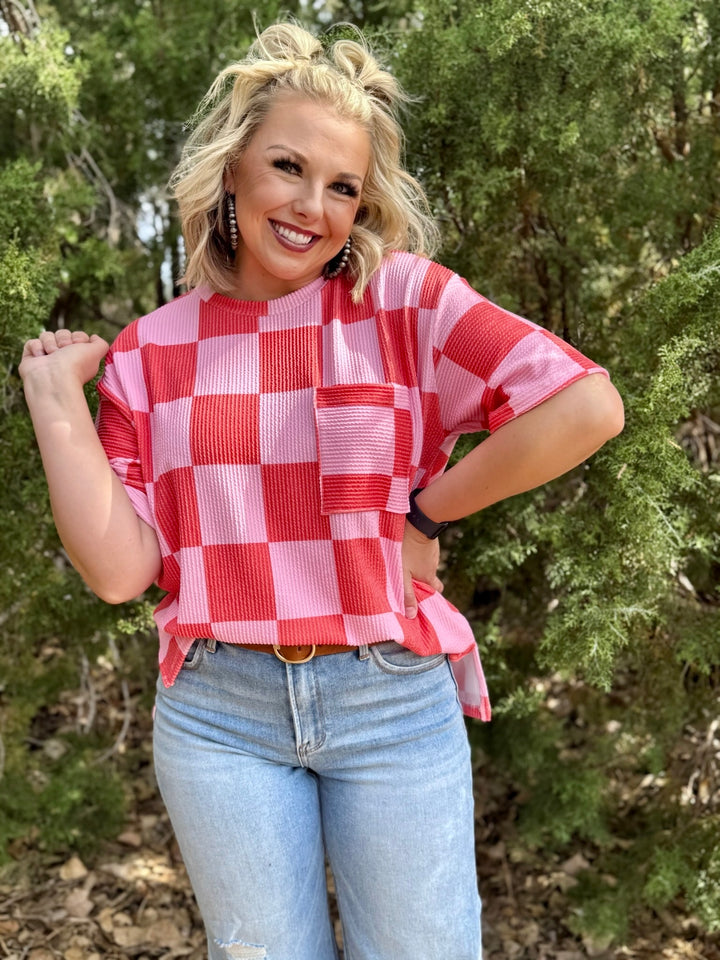 Nekiah Pink & Orange Checkerboard Top