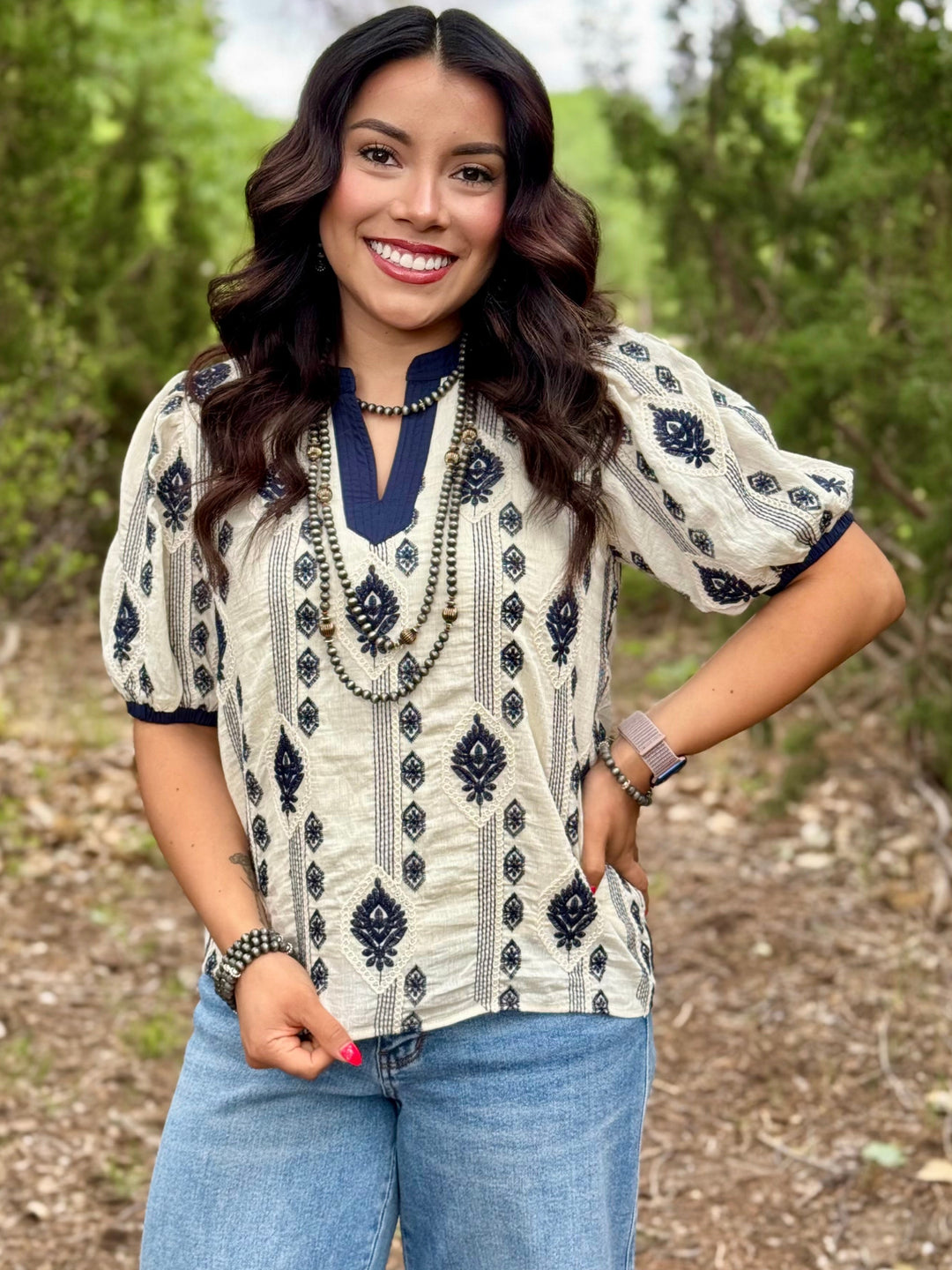 Navy Floral Embroidered Sleeve Top