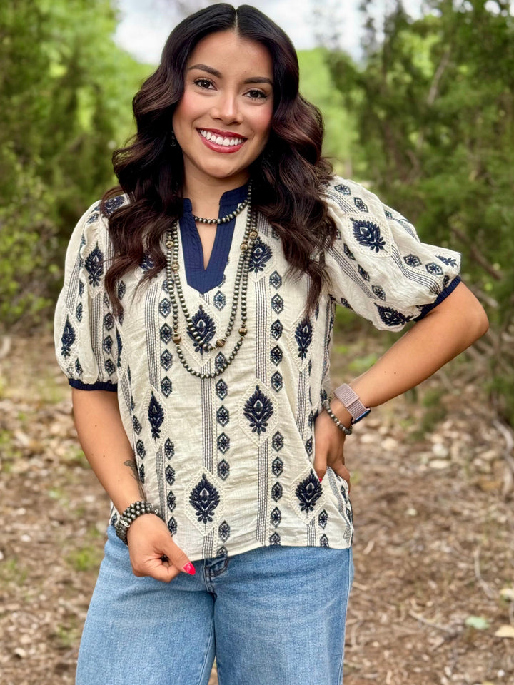 Navy Floral Embroidered Sleeve Top