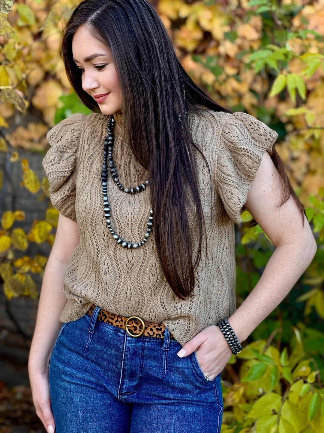 Mattie Tan Knit Ruffle Sleeve Top