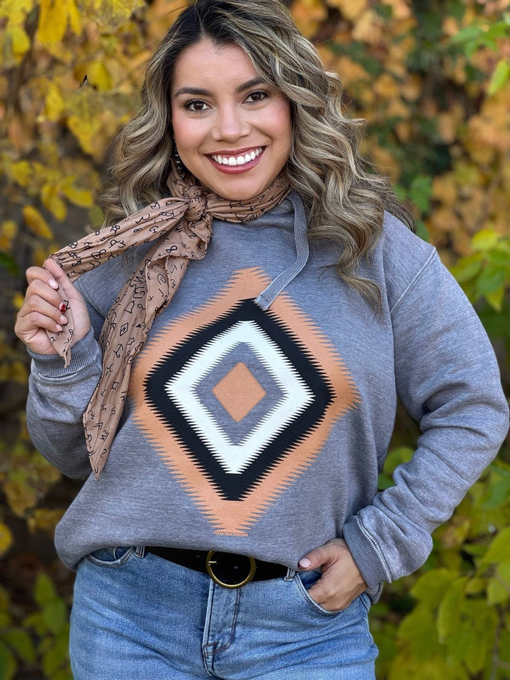 Zig Zag Aztec Grey Raw Hem Hoodie by Texas True Threads