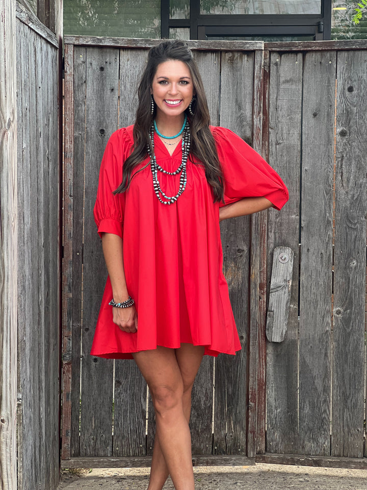 Julie Classic Red Puff Sleeve Dress