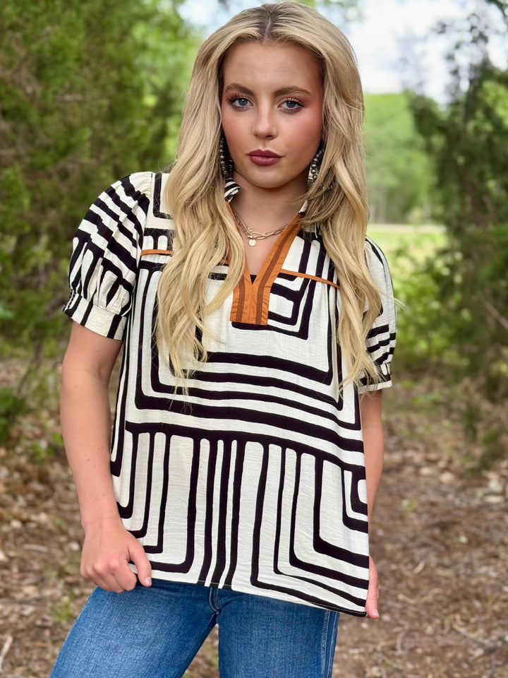 Boho Geo Puff Sleeve Top