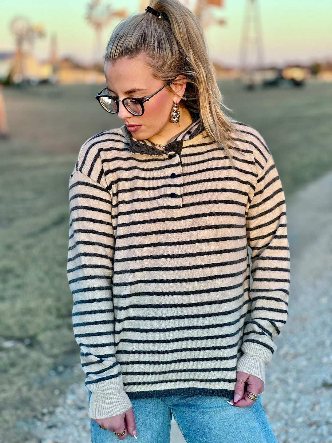 Amy Cream & Grey Striped Pullover