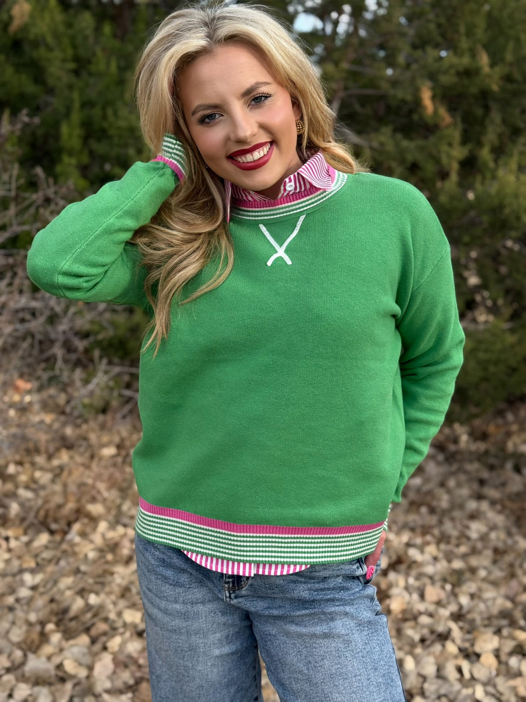Kili Green Contrast Knit Sweater