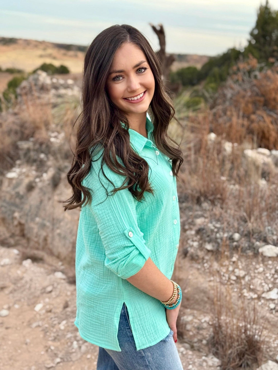 Constance Mint Button Up Top