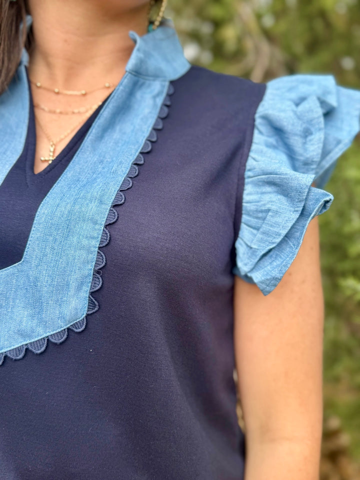 Patsy Navy & Denim V-Neck  Top