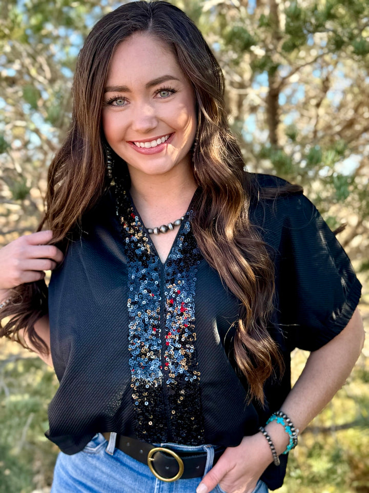 Paris Black Sequin V-Neck Top
