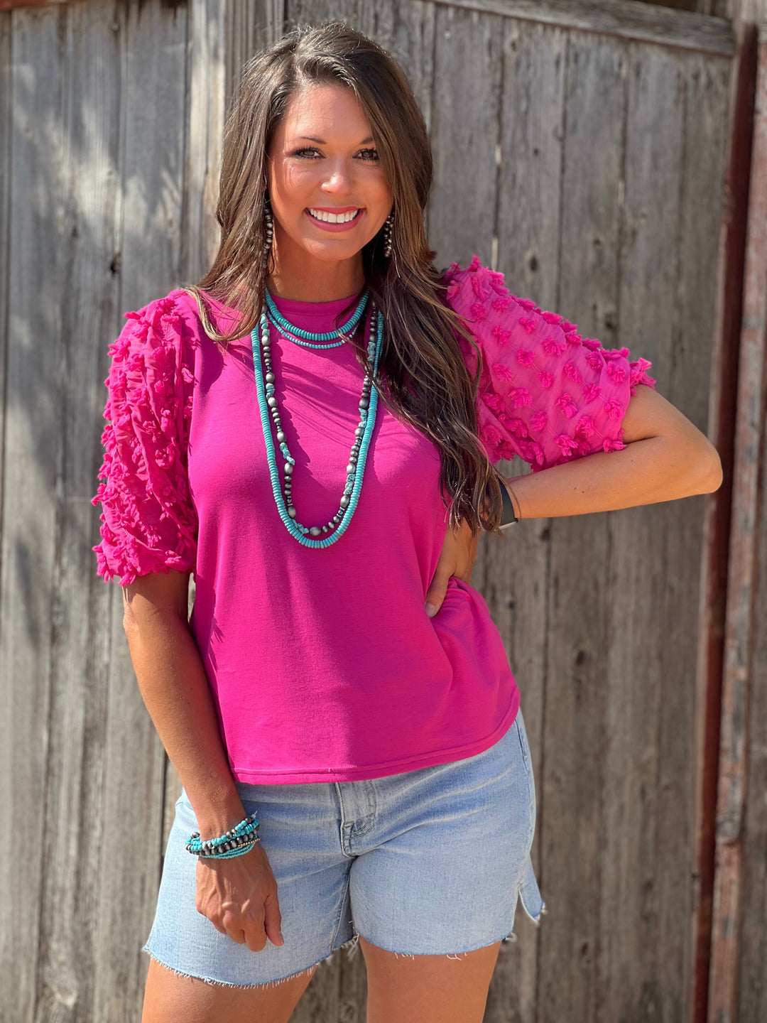 Loni Pink Bubbled Sleeve Top