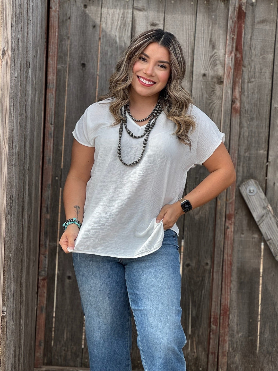 Pearl White V-Neck Top