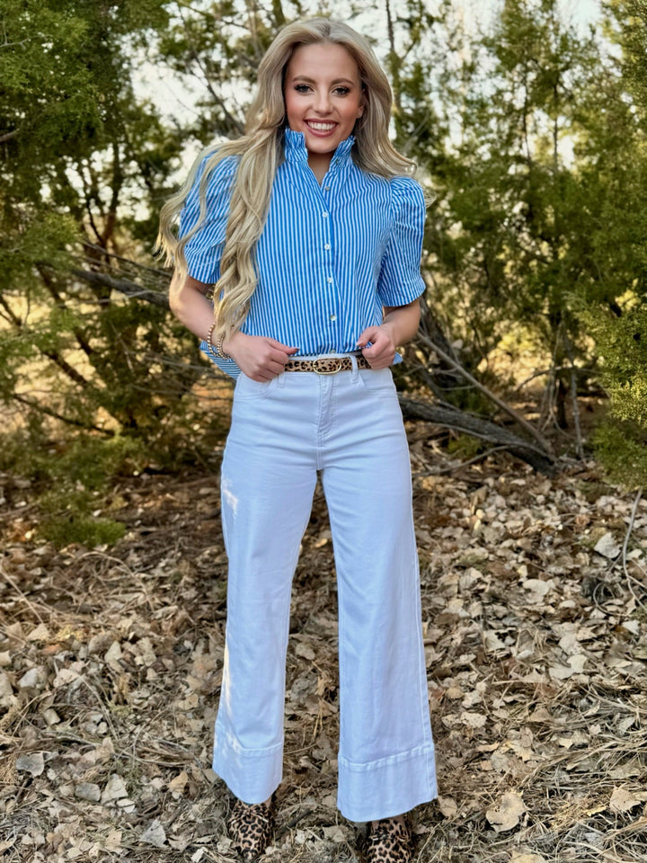 Brooks Blue & White Striped Top