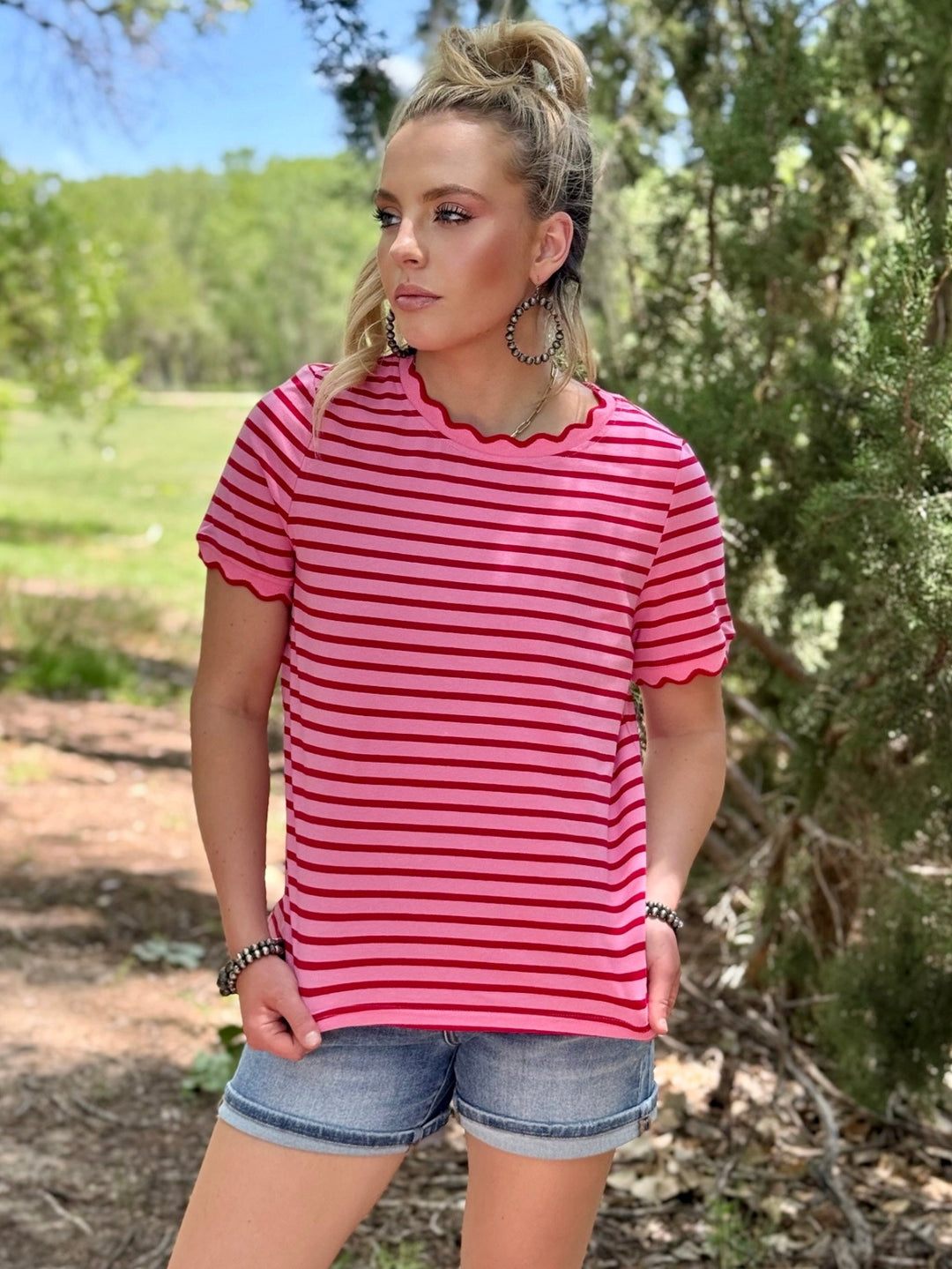 Avia Red Stripe Scallop Top