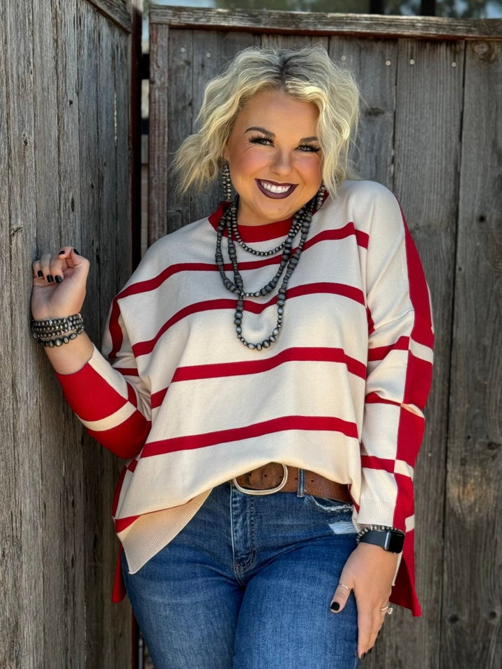 Lorissa Cream & Red Striped Sweater