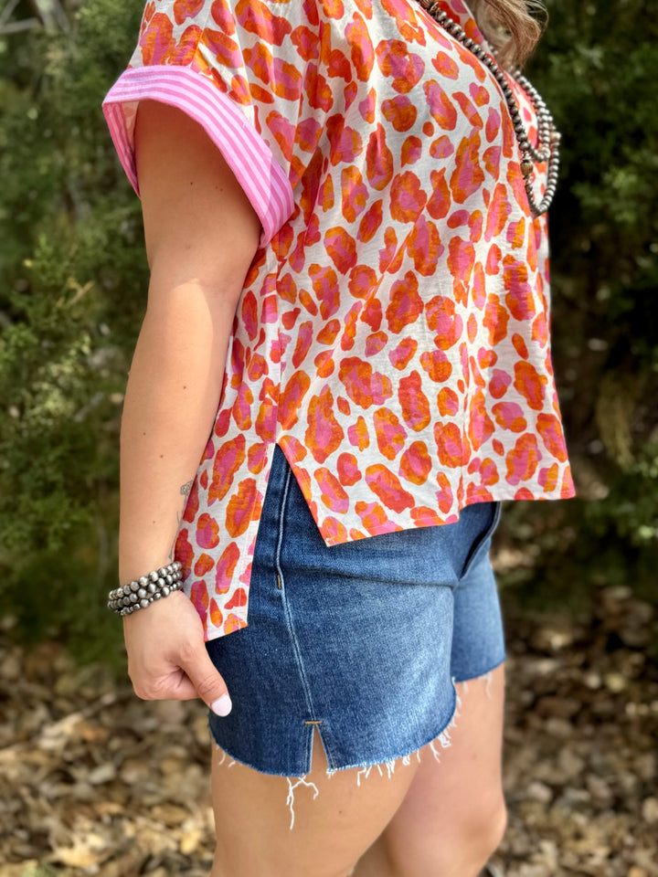 RaeAnn Pink & Orange Leopard Top