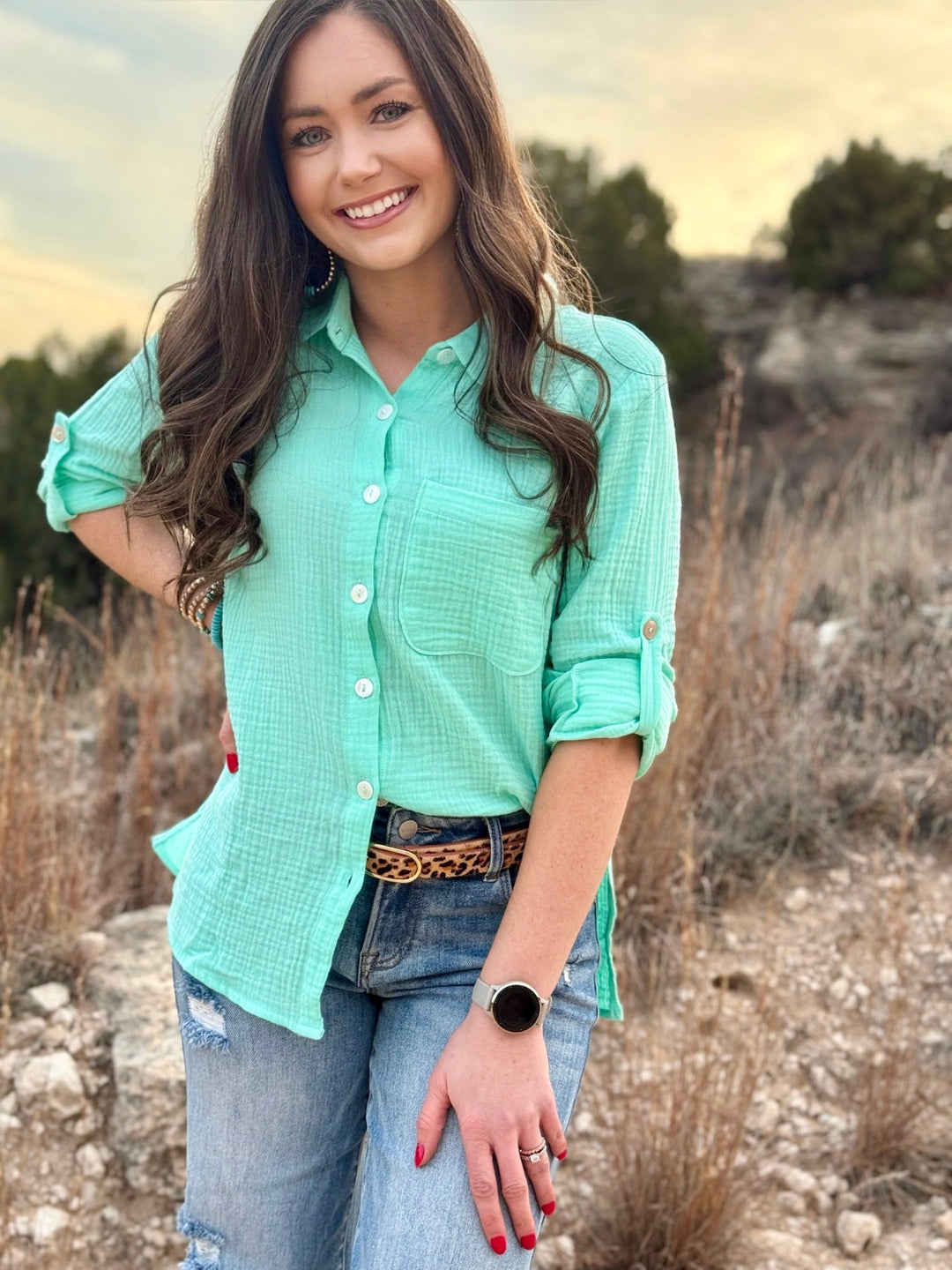 Constance Mint Button Up Top