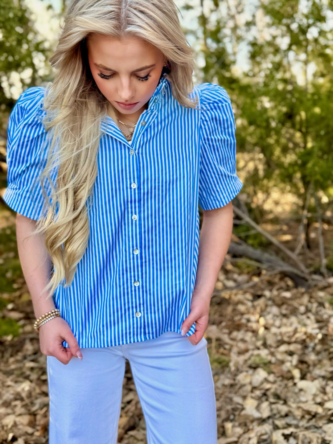 Brooks Blue & White Striped Top
