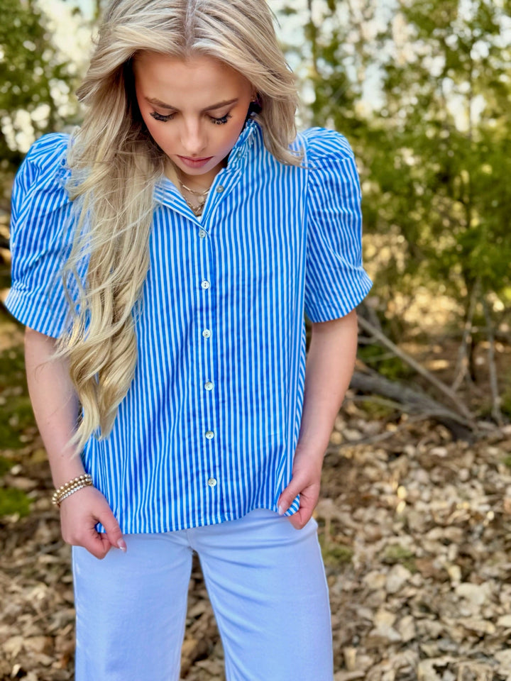 Brooks Blue & White Striped Top