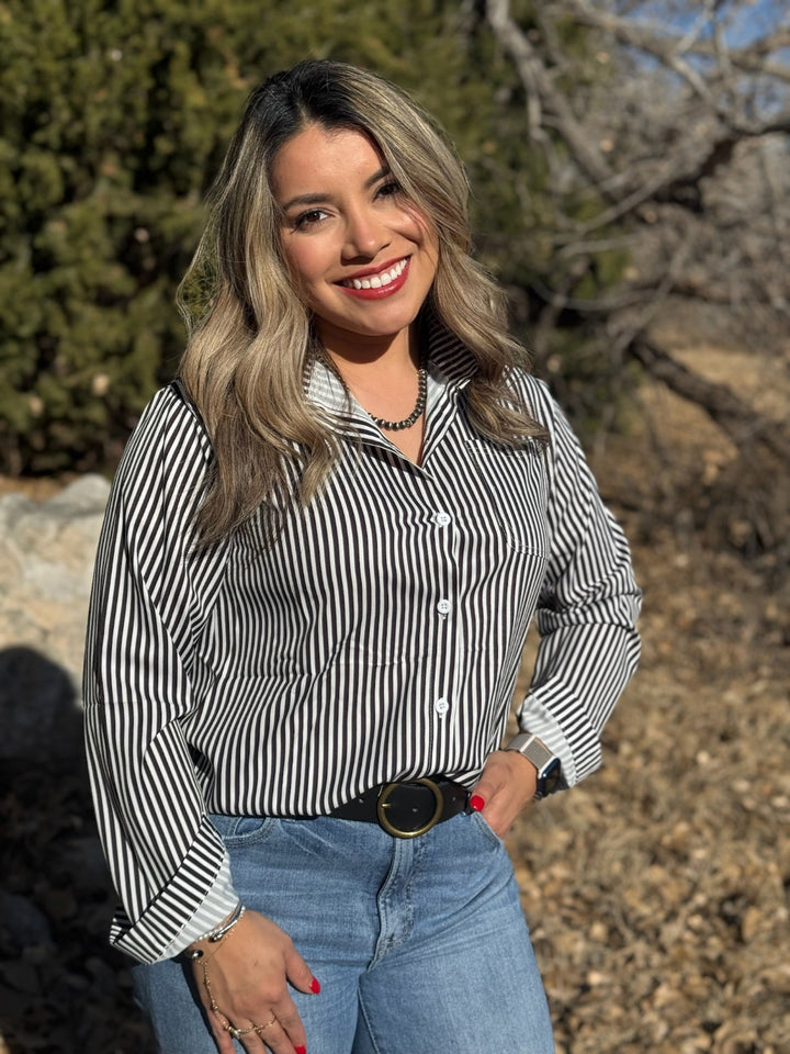 Emily Black & White Stripe Button Down Top