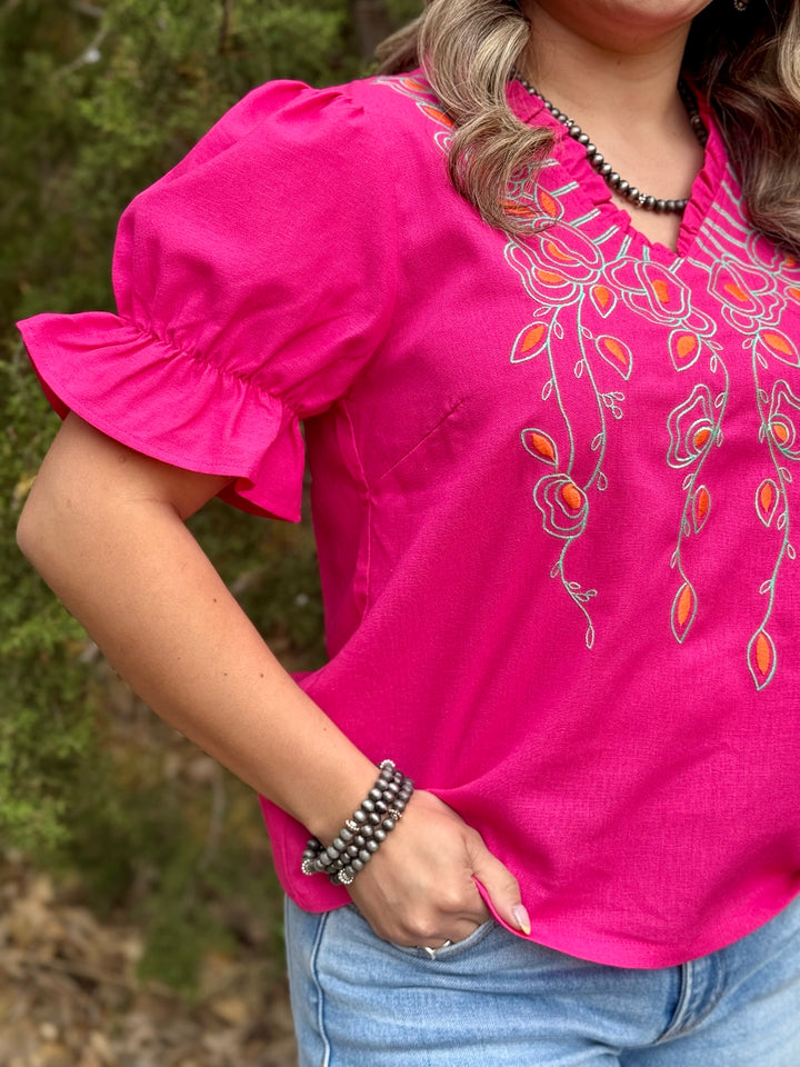 Floral Embroidered Bubble Sleeve V-Neck Top
