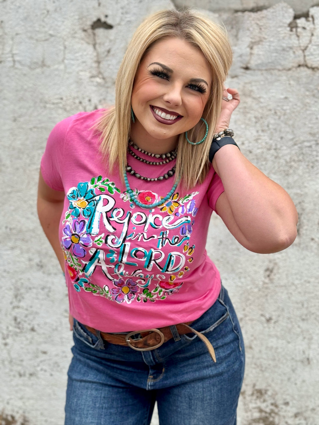 Callie's Rejoice in the Lord Pink Graphic Tee by Texas True Threads