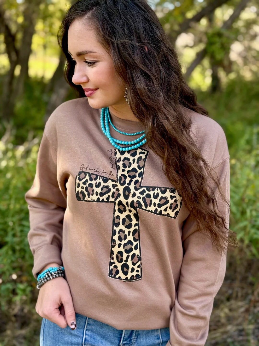 Leopard Cross Long Sleeve Graphic Tee by Texas True Threads