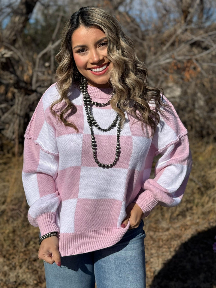 Kora Pink & White Checkered Sweater