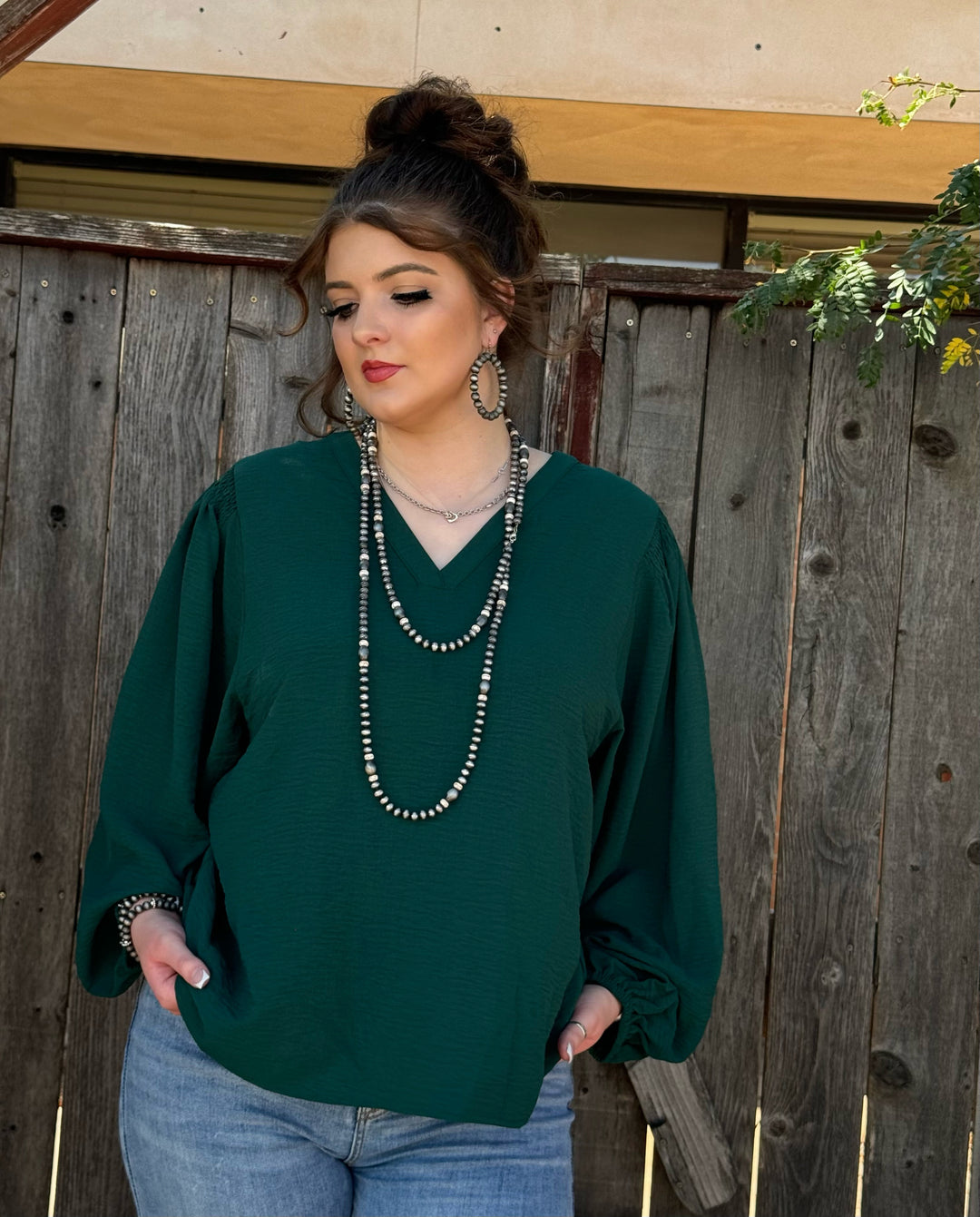 Koletta Forest Green V-Neck Blouse