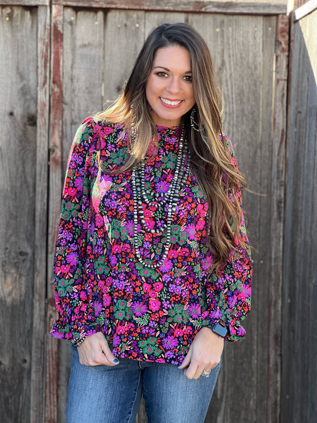 Analeigh Purple Floral High Neck Blouse