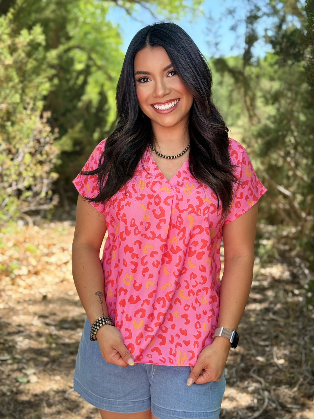 Tandee Pink Leopard V-Neck Top