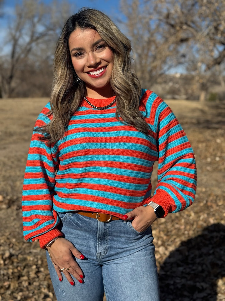 Karson Orange & Turquoise Striped Sweater