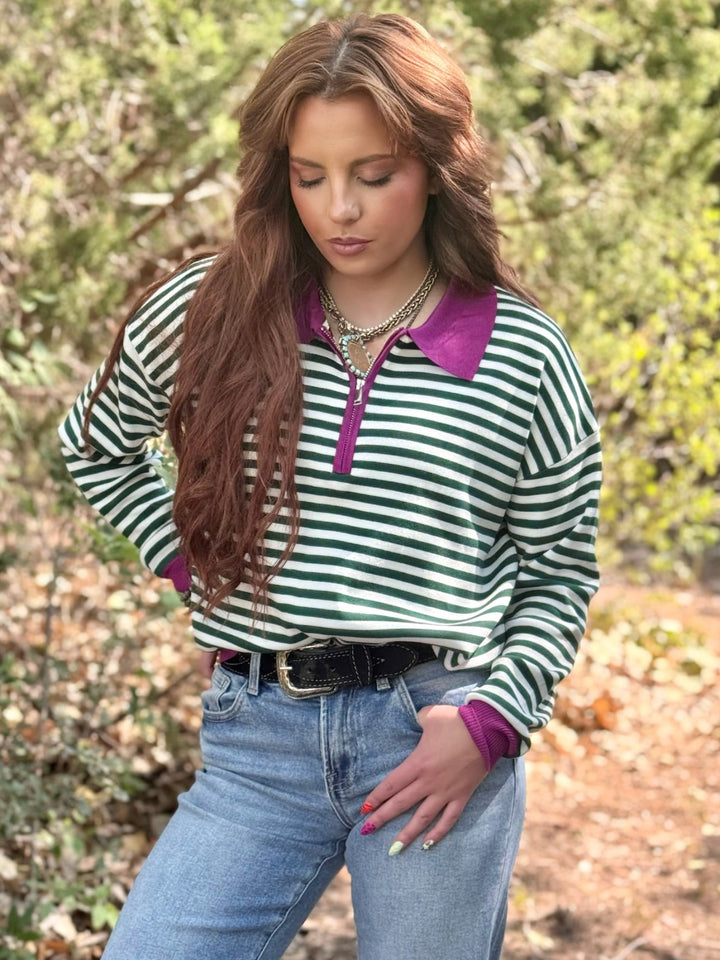 Mylah Green Stripe 1/4 Zip Top
