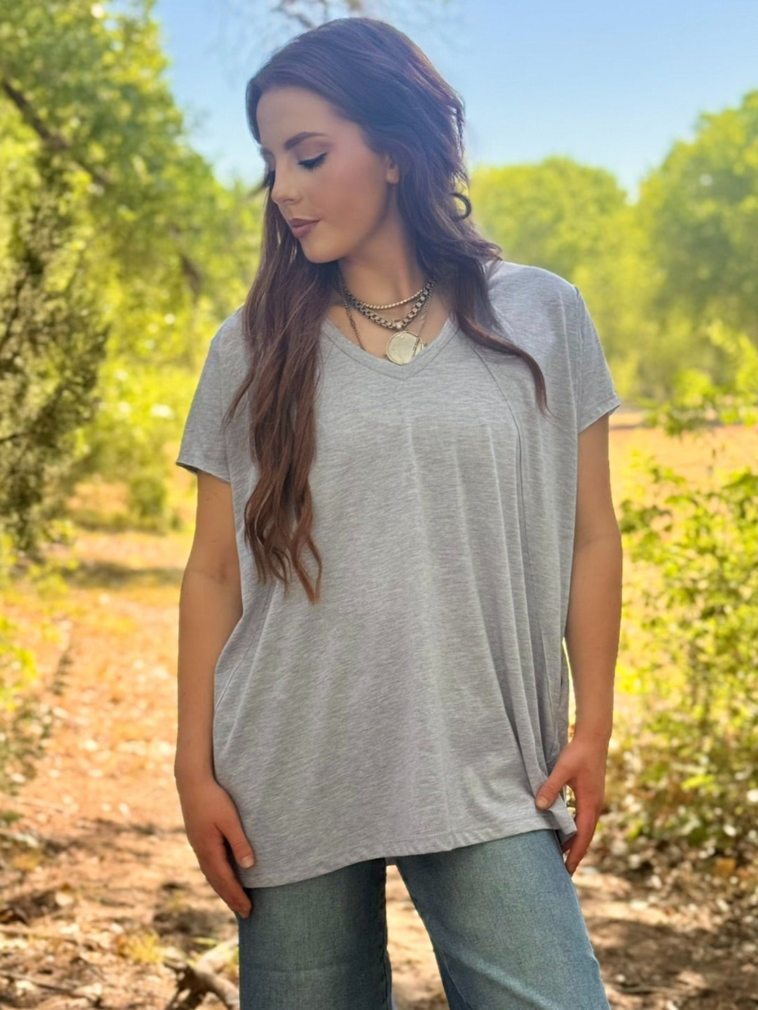 Maizie Grey Exposed Hem Top
