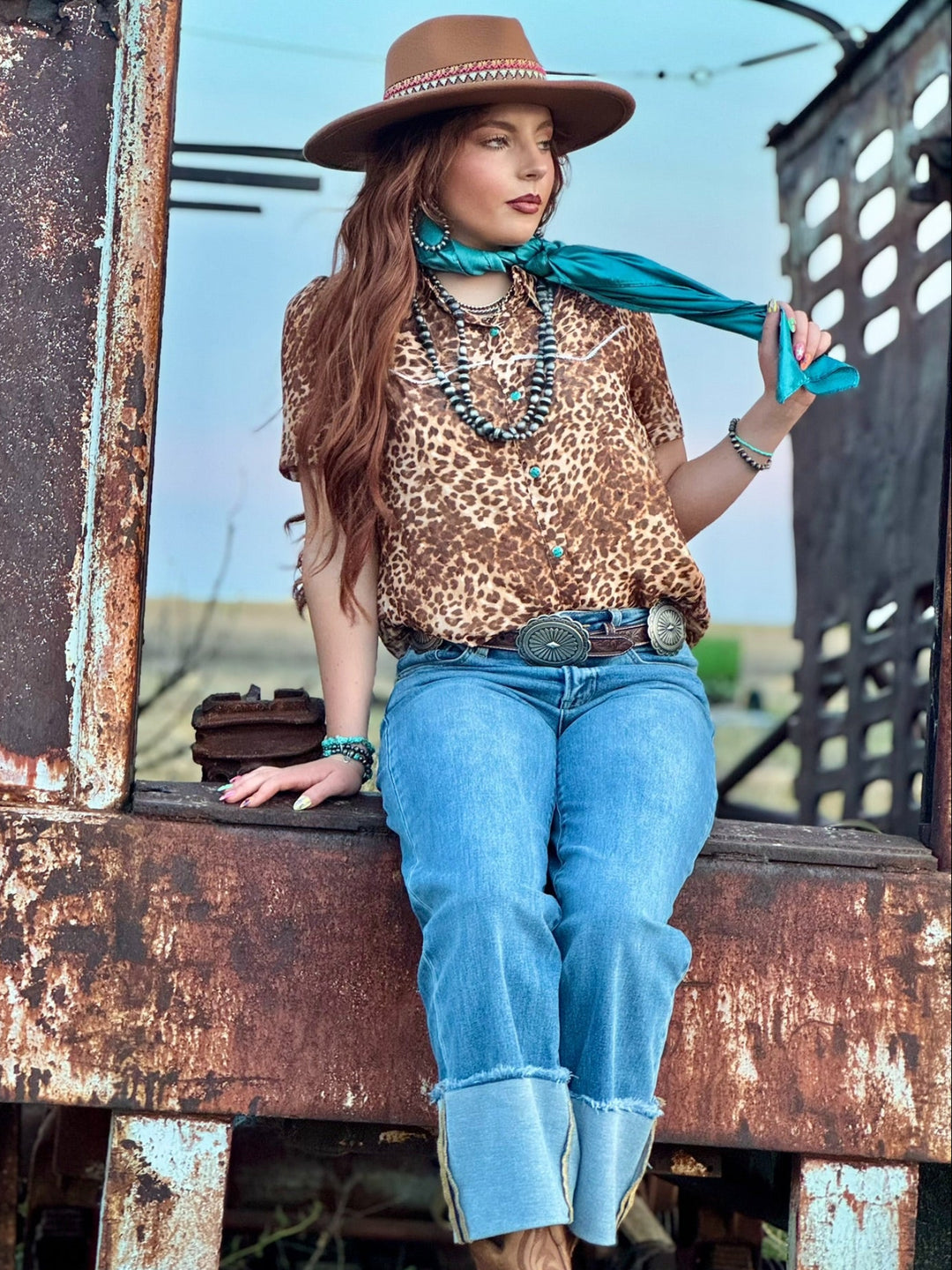 Avri Turquoise Snap Leopard Top