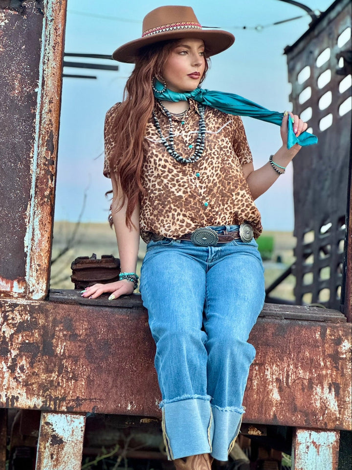 Avri Turquoise Snap Leopard Top