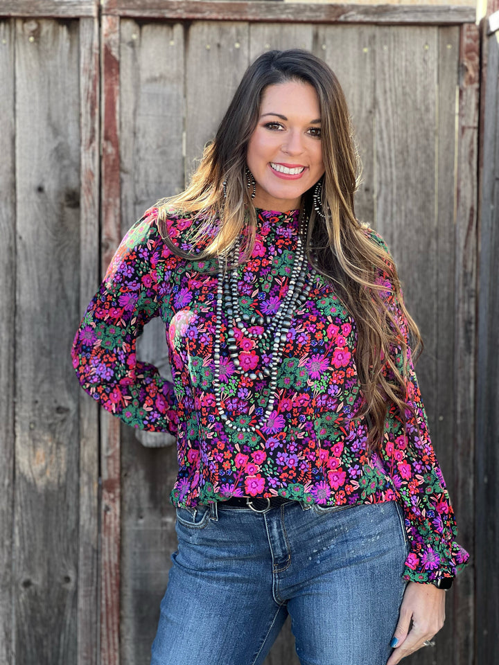 Analeigh Purple Floral High Neck Blouse