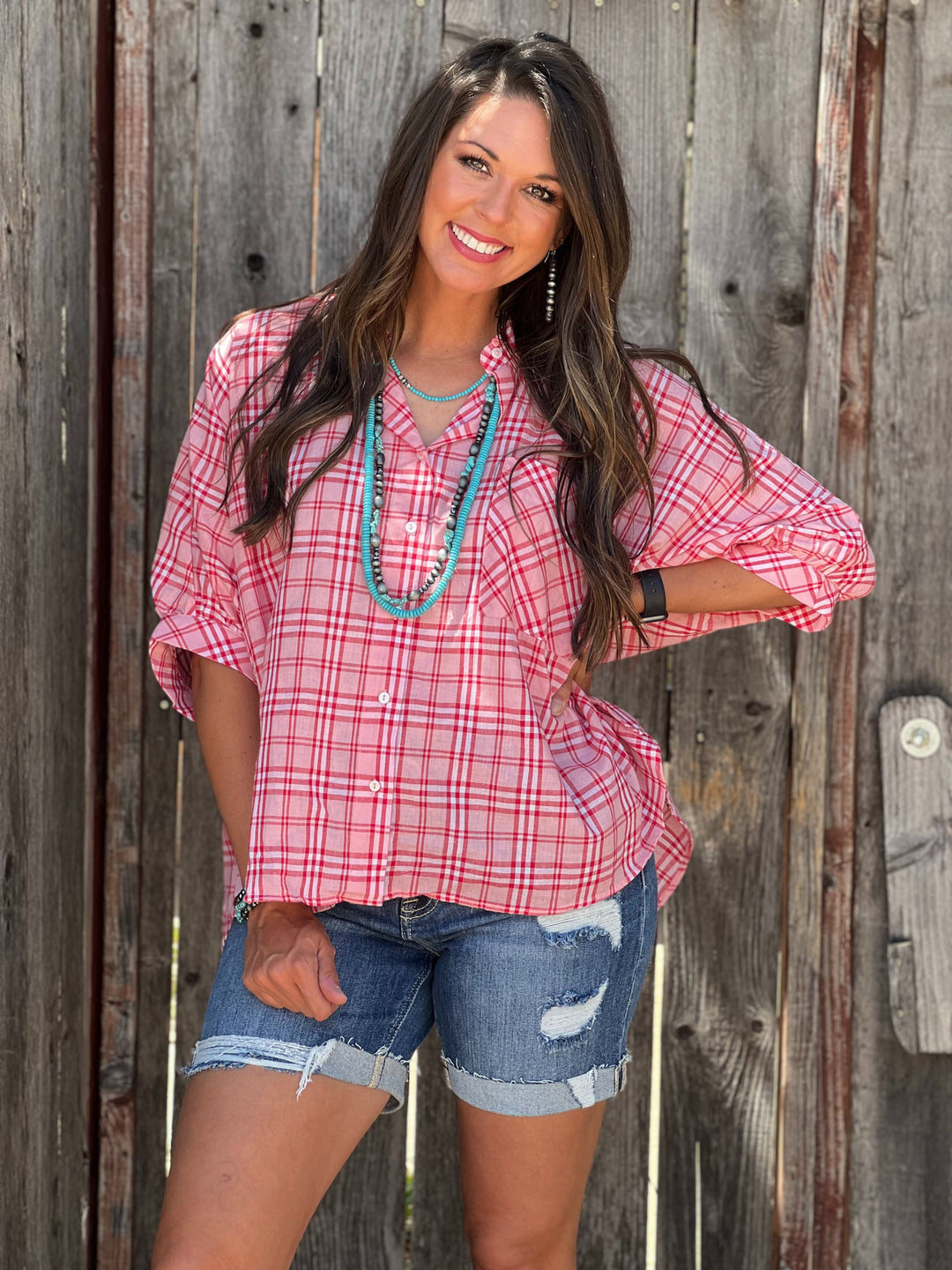 Atlee Red & Pink Plaid Blouse