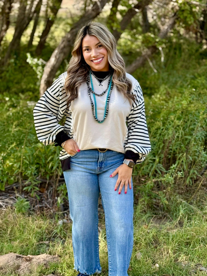 Oaklyn Cream Striped Sleeve Top