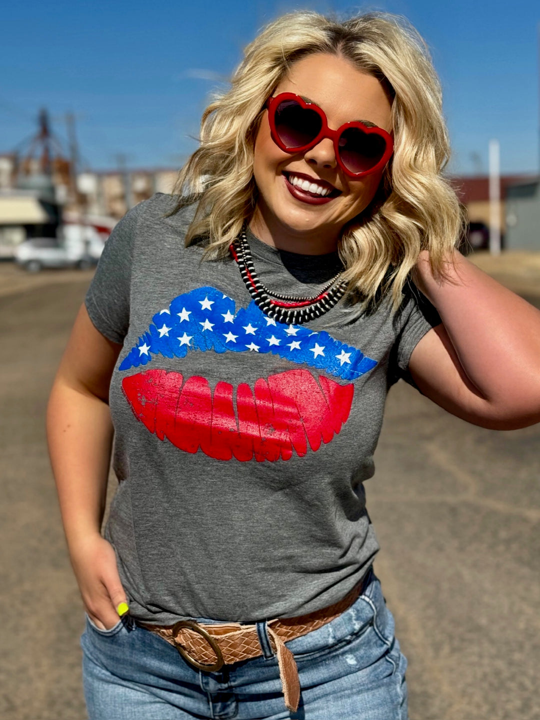 Grey Patriotic Lips Graphic Tee by Texas True Threads